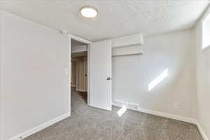 Unfurnished bedroom with carpet, a textured ceiling, baseboards, and a closet