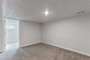 Carpeted empty room with a textured ceiling and baseboards
