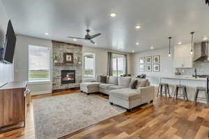 Open living room and kitchen with fire place
