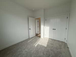 Unfurnished bedroom featuring carpet floors, baseboards, and a closet
