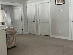 Below grade area featuring baseboards, light carpet, and a textured ceiling