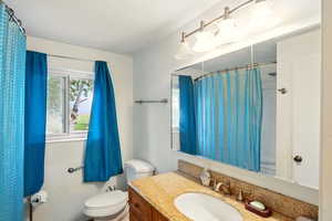 Bathroom featuring toilet, vanity, and curtained shower