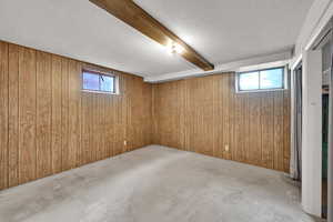 Basement featuring wood walls and a textured ceiling
