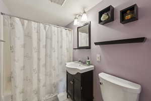 Full bathroom featuring vanity, toilet, and a shower with shower curtain