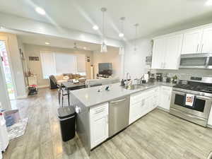 Kitchen with appliances with stainless steel finishes, a sink, healthy amount of natural light, a peninsula, and recessed lighting