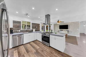 Kitchen with appliances with stainless steel finishes, island range hood, a sink, a peninsula, and ceiling fan
