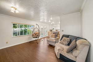 Living area with dark wood finished floors, a textured ceiling, and crown molding