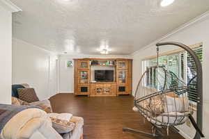 Living room with dark wood-type flooring, a textured ceiling, and ornamental molding
