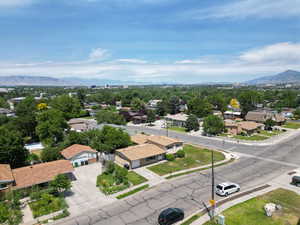 Aerial view of residential area with mountains