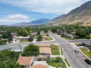Aerial view of residential area with a mountain backdrop