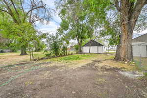 View of yard with fence, a detached garage, dirt driveway, and an outbuilding