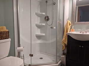 Bathroom with toilet, a shower stall, and vanity
