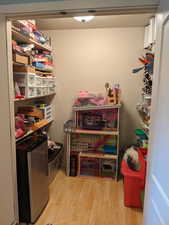 Large toy closet off of family room for quick cleaning and easy organization