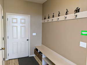 Doors to the garage, main floor bathroom, and rear exit in this hall