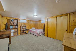 Bedroom with a textured ceiling, carpet, wood walls, a closet, and multiple windows