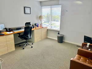 Office with light colored carpet and baseboards