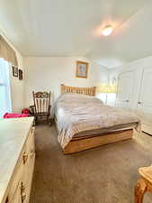 Bedroom featuring dark colored carpet, a textured ceiling, and lofted ceiling