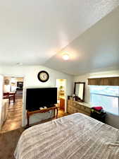 Bedroom with carpet, ensuite bath, a textured ceiling, and lofted ceiling