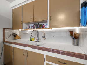 Kitchen featuring backsplash, a sink, and open shelves