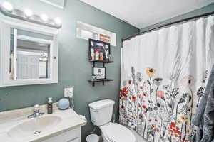 Bathroom with toilet, vanity, a shower with curtain, and a textured wall