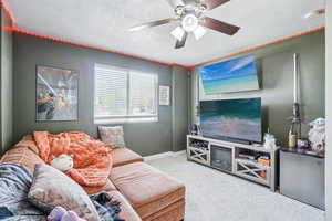 Carpeted living area featuring a textured ceiling and a ceiling fan