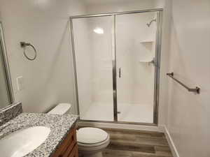 Bathroom featuring a shower stall, toilet, wood finished floors, and vanity