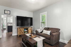 Living room with dark wood-type flooring.