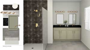 Bathroom featuring a tile shower and double vanity