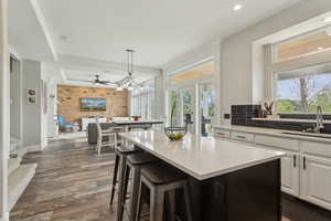 Kitchen featuring a sink, a kitchen island, dark wood finished floors, light countertops, and open floor plan