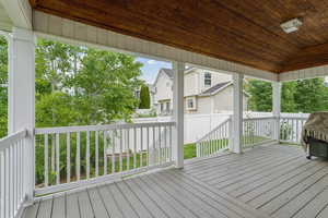 Wooden terrace with a residential view and fence