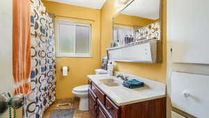 Bathroom featuring toilet, vanity, stone finish flooring, and a shower with curtain