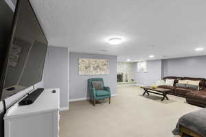 Carpeted living area with baseboards, a textured ceiling, and recessed lighting