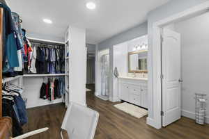 Spacious closet with dark wood-style floors and a sink