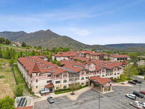 Drone / aerial view of a mountainous background