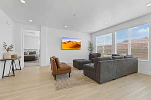 Living area with light wood-type flooring, recessed lighting, and baseboards