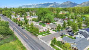 Aerial perspective with mountain backdrop