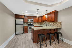 Kitchen with appliances with stainless steel finishes, a raised ceiling, a peninsula, a sink, and tasteful backsplash.