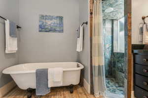 Bathroom with a stall shower, a freestanding bath, wood finished floors, and baseboards.