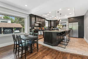 Kitchen featuring appliances with stainless steel finishes, under cabinet range hood, ornamental molding, a tray ceiling, and a large kitchen island.