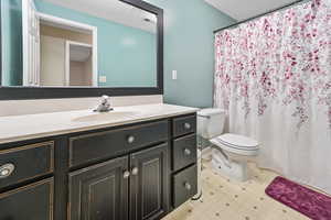 Full bathroom featuring vanity, toilet, and a shower with curtain