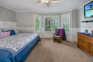 Bedroom featuring wainscoting, crown molding, multiple windows, a decorative wall, and carpet floors