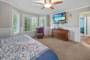 Carpeted bedroom with crown molding, a wainscoted wall, and a ceiling fan
