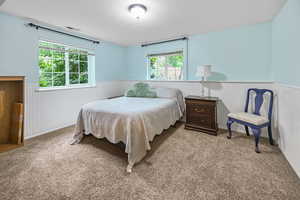 Bedroom featuring a wainscoted wall and carpet floors
