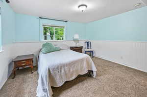Bedroom with wainscoting, carpet, and a textured ceiling