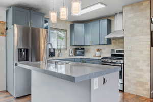Kitchen with wall chimney exhaust hood, stainless steel appliances, a sink, dark wood finished floors, and decorative backsplash