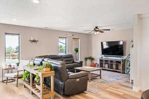 Living room with plenty of natural light, a ceiling fan, light wood-style flooring, a textured ceiling, and baseboards