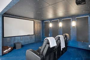 Cinema featuring carpet flooring and a drop ceiling