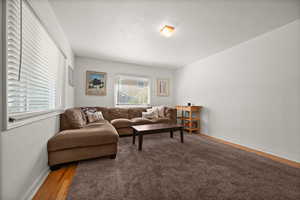 Living area featuring plenty of natural light, wood finished floors, and baseboards