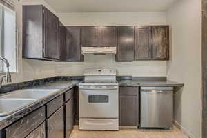 Kitchen featuring stainless steel dishwasher, white electric stove, under cabinet range hood, dark countertops, and a sink