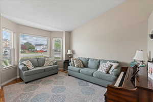 Living area with baseboards, wood finished floors, and lofted ceiling